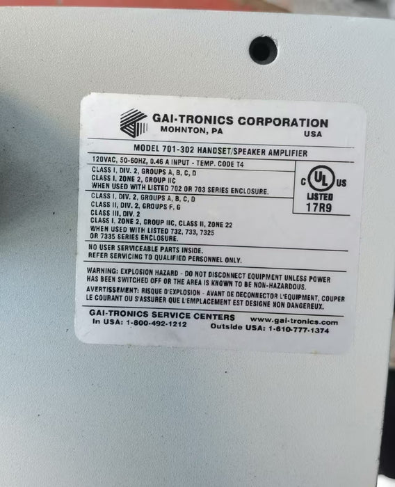 GAI-TRONICS 701-302 HANDSET/SPEAKER AMPLIFIER New